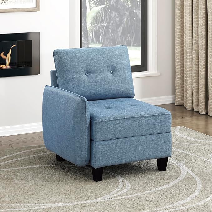 Lexicon Modern Modular One Arm Side Chair with Hidden Storage Textured Fabric Chair with Button-Tufted Design Reversible Back Cushion for Living Room/Bedroom/Office Blue