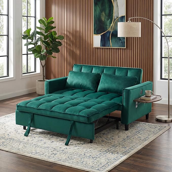 3 in 1 Sofa Bed Pull Out Couch with Side Pockets Loveseat Sleeper Sofa Bed with Side Table Pull Out Couch with USB Ports for Living Room Bedroom Apartment Green
