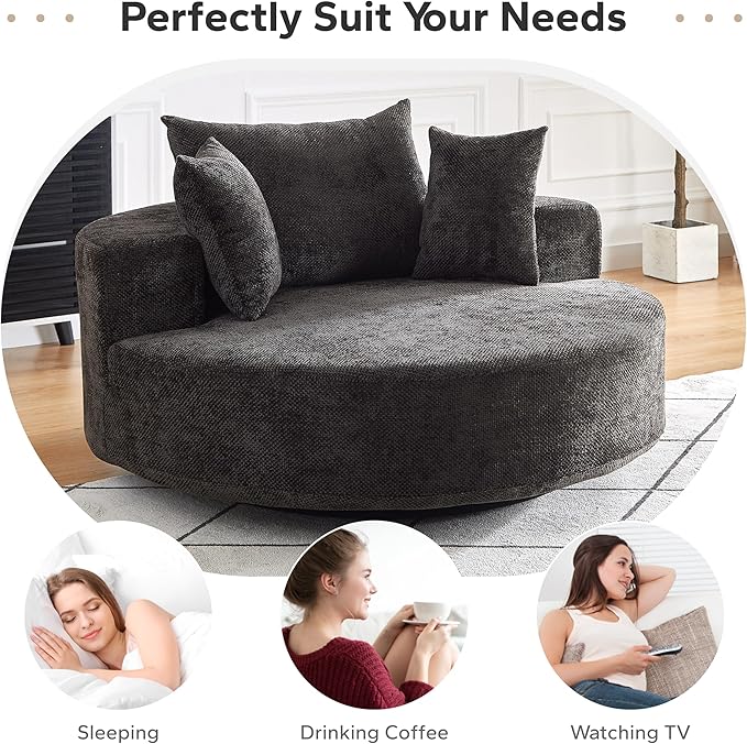 Oversized 360° Swivel Accent Chair for Living Room Modern 55’’ Comfy Chenille Extra Wide &amp Deep Seat Round Barrel Chair with Overstuffed Cushions No Assembly Needed Obsidian Black
