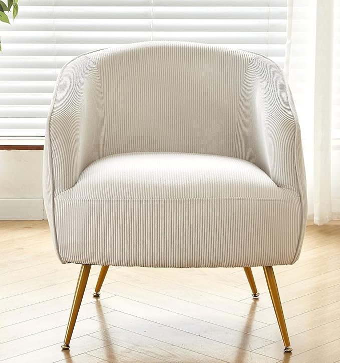 Modern Corduroy Accent Chair with Gold Metal Legs Channel Back Design and Soft Upholstery Comfortable Seating for Living Room Bedroom or Office Beige