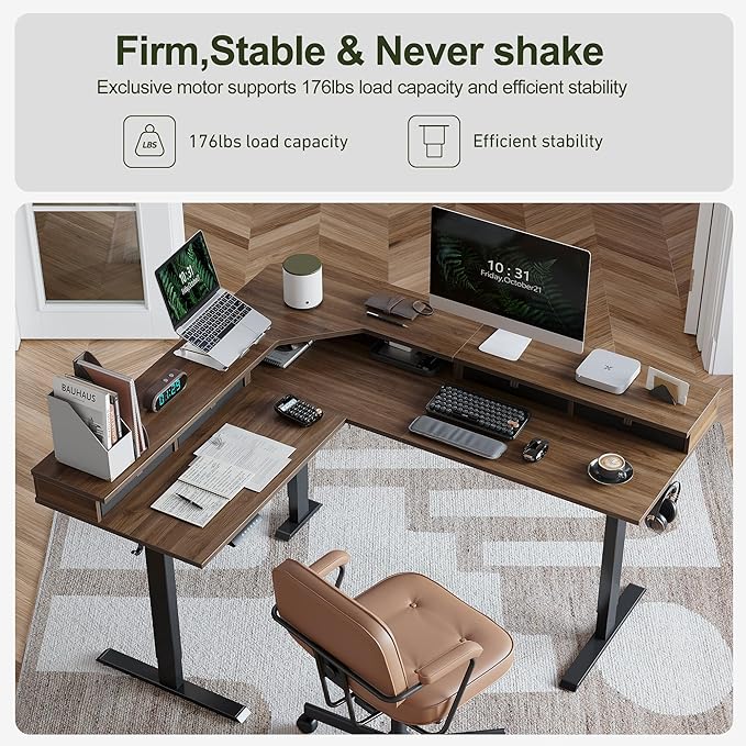 BANTI Triple Motor 75 L-Shape Standing Desk with 5 Drawers Sit Stand Home Office Desk Computer Workstation Corner Standing Desk with Spliced Panels Black Walnut Top