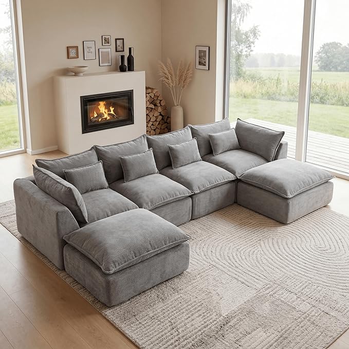 130 Oversized Cloud Sectional Sofa U Shaped Boneless 4-Seater Modular Couch with Ottoman Extra Deep Seat Compressed Foam Sofa for Living Room Gray