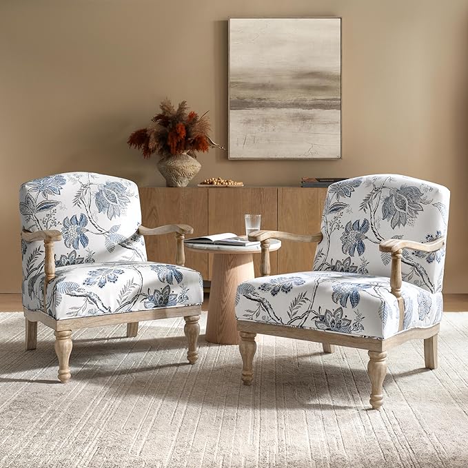 HULALA HOME Floral Accent Chair Set of 2 with Solid Wood Spindle Legs and Arms Upholstered Fabric Armchair with Solid Wood Base Patterned Wingback Chair for Farmhouse Living Room Bedroom Jacobean