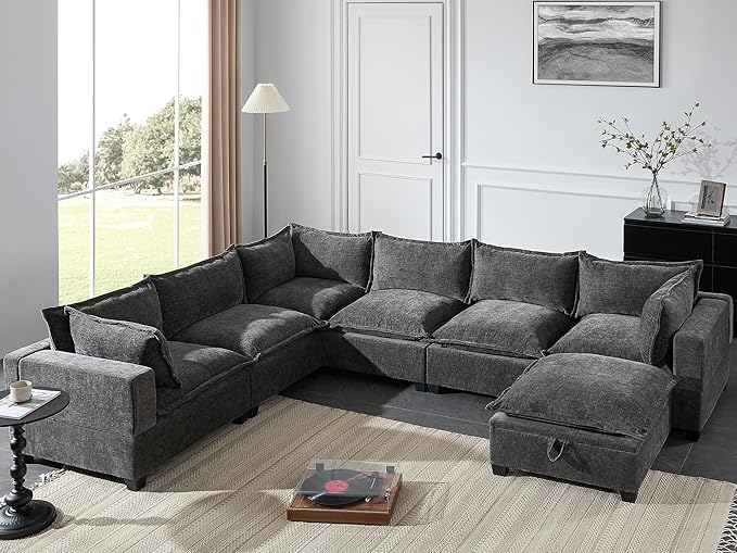 Merax Modern Oversized U-Shaped Sectional Sofa with Piollows &amp Chaise Lounge Chenille 7-Seat Couch Set Sleeper Bed with Storage Ottoman for Living Room Gray