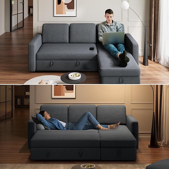 Yaheetech Sectional Sofa L-Shaped Sofa Couch Bed w/Chaise &amp USB Reversible Couch Sleeper w/Pull Out Bed &amp Storage Space Living Room Dark Gray