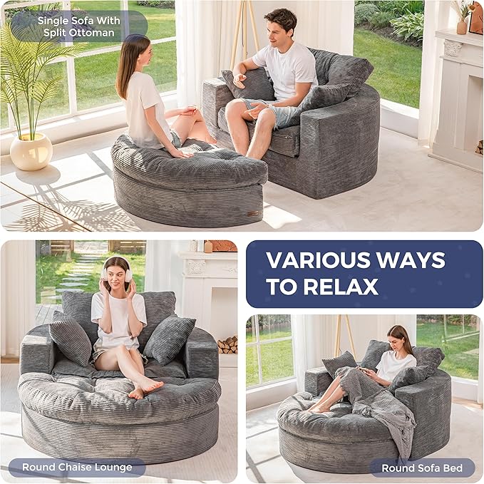 MAXYOYO Modular Sectional Chaise Lounge Sofa Round Upholstered Lounge Chair with Ottoman Comfy Couch with Layered Cushion Tufted Sleeper Chair for Living Room No Assembly Dark Grey