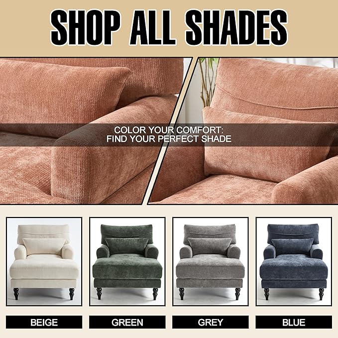 Chaise Lounge Chair Indoor Modern Leisure Sleeper Sofa Chair w/Double Deep Cushion Accent Upholstered Reading Side Armchair Recliner Arm Chairs for Living Room &amp Bedroom Easy AssemblyOrange