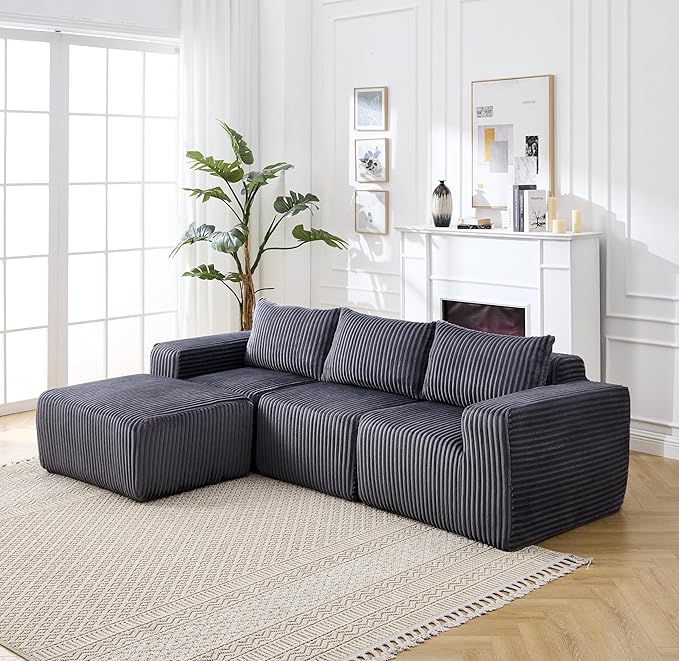 100.79 L-Shape Cloud Couch with Ottoman Upholstered Corduroy Modular Sectional Sofa Deep Seat Couch with Free Combination for Living Room &amp Bedroom No Assembly Required Dark Grey
