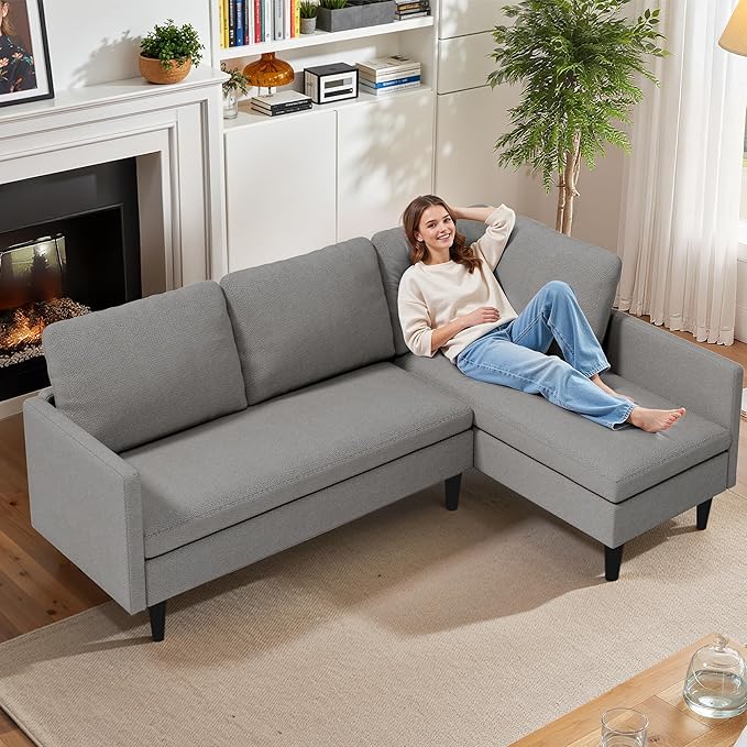 Gizoon Convertible Sectional Sofa Convertible to L-Shaped Sofa Linear and Sofa Bed with Comfortable and Soft Fabric Four Pillows for Living Room Apartment and Office Light Gray