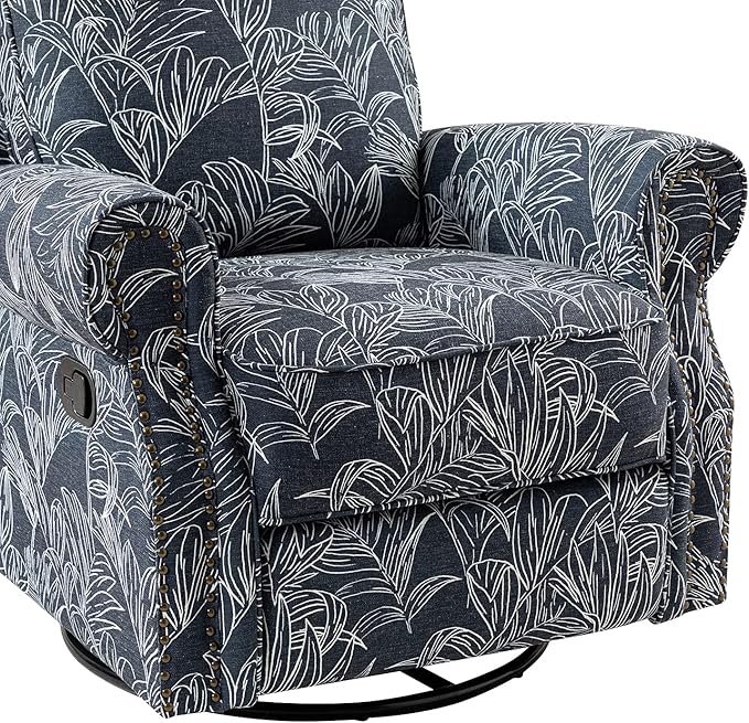 HULALA Home Modern Rocker Recliner Printed Fabric Swivel Glider with Adjustable Backrest &amp Footrest Navy