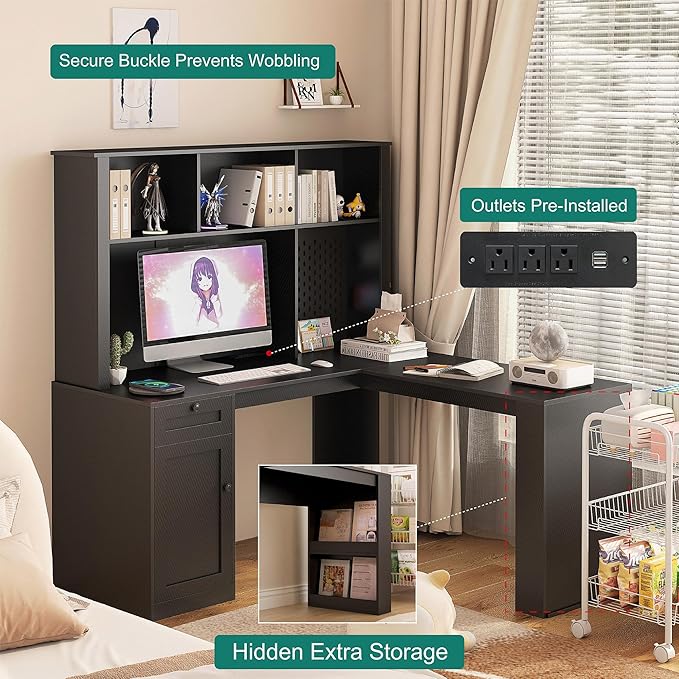 L Shaped Office Desk with Storage Drawers and Bookshelf Corner Computer Desk with Hutch and Charging Station Black