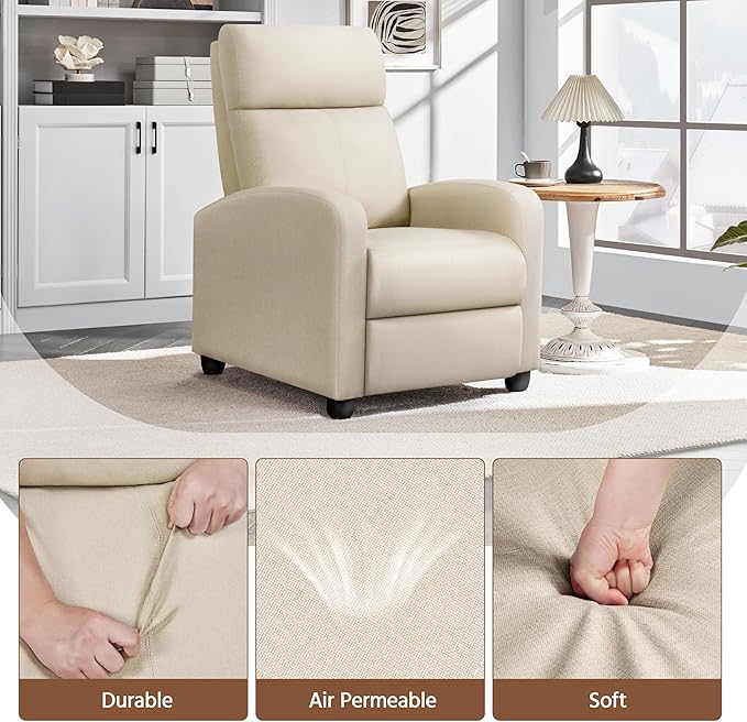 Yaheetech Modern Fabric Recliner Chair Sofa Adjustable Single Sofa with Thicker Seat Cushion and Backrest for Living Room Home Theater Beige