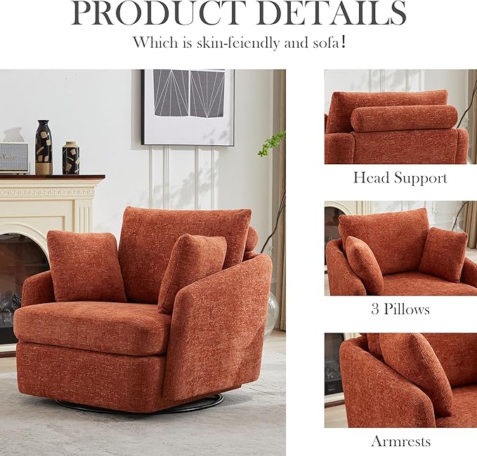 Aoiy &amp Wifon 40.55 W Oversized Swivel Accent Chair Modern Comfy Swivel Armchair for Living Room Woven Chenille Orange