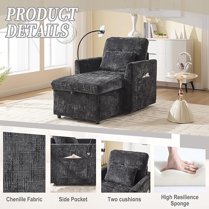 Multifunctional Recliner Sofa Chair with Storage Phone Holder &amp Adjustable Backrest Chenille Fabric Single Leisure Chair for Living Room Bedroom Small Spaces (Black)