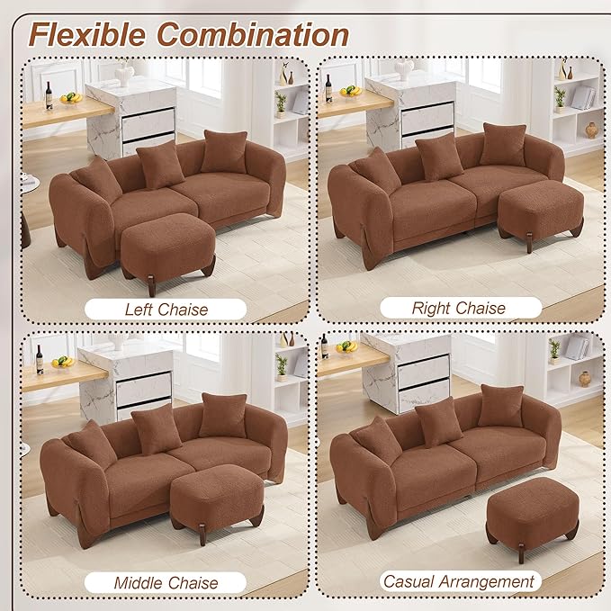28.7 Sherpa Boucle Ottoman with Solid Wood Legs Modern Upholstered Footstool Comfy Ottoman for Living Room Bedroom Caramel