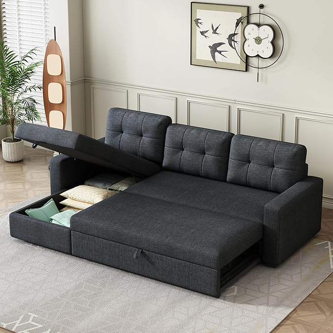 L-Shape Reversible Sectional Sleeper Sofa Bed 4 in 1 Pull Out Couch with Storage Chaise &amp Removable Back CushionsConvertible Sleeper Corner Couch Pull-Out Sofa Bed for Living RoomOffice