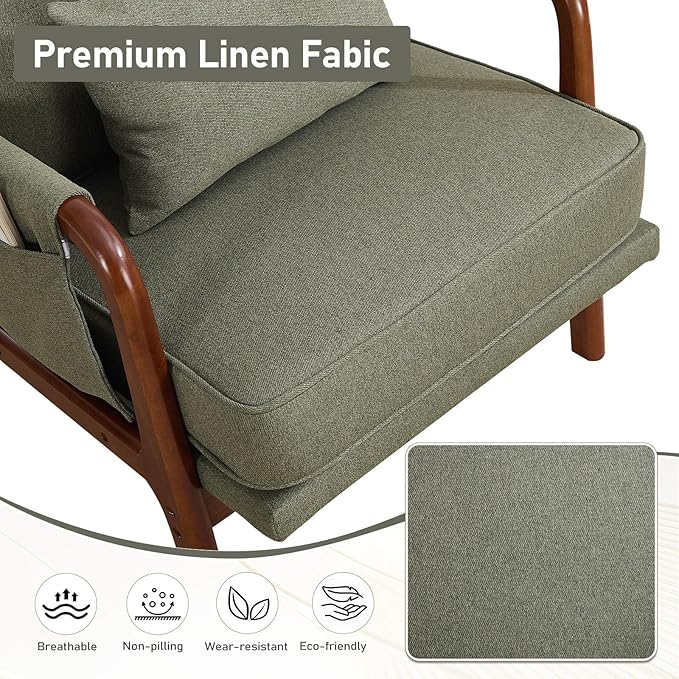 ANJ Mid Century Modern Accent Chair Set of 2 Lounge Reading Armchair with Extra Side Pocket &amp Detachable Cushion Comfy Fabric Accent Chairs for Living Room Bedroom Green
