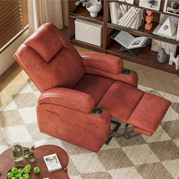 Furmax Electric Power Lift Recliner Chair with Massage for Elderly Corduroy Fabric Recliner Single Sofa with Cup Holders Side Pockets and Remote Control for Living Room Bedroom (Leathaire Brown)