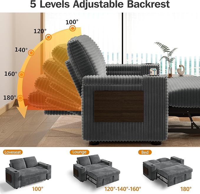 Vipbear 65 Loveseat Sleeper Sofa with Pull Out Bed Plush Corduroy 3-in-1 Convertible Sofa Bed with Reclining Backrest|USB Ports|Cup Holders|Side Table|Storage Armrests Tool Free Assembly Grey