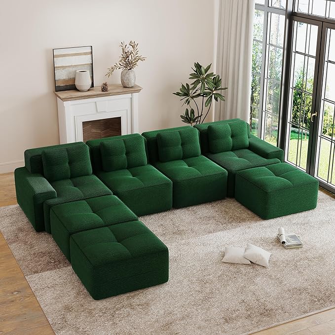Hommoo Oversized Modular Sectional Sofa 7 Seat Sleeper Sofa Bed Comfy Corduroy Couch with Deep Seat 153”Convertible Boneless Couch with Ottoman for Living Room No Assembly Required Green
