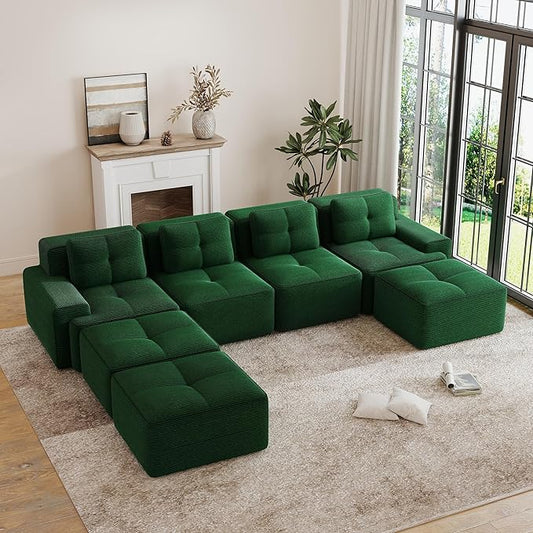 Hommoo Oversized Modular Sectional Sofa 7 Seat Sleeper Sofa Bed Comfy Corduroy Couch with Deep Seat 153”Convertible Boneless Couch with Ottoman for Living Room No Assembly Required Green