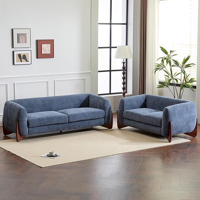 Christopher Knight Home Almad 2 Pieces Sofa Couch Set Cozy 3-Seater Sofa and Loveseat for Living Room Upholstered Couch Chair Soft Seating Lounge Sofa with Wood Frame Boucle Fabric Navy Blue
