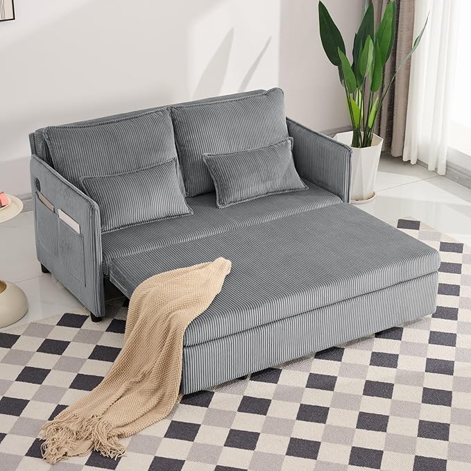 GDFStudio 55 Convertible Sofa Bed 3-in-1 Sofa Bed Couch with Pull Out Design Corduroy Sleeper Sofas with USB Ports &amp Side Pocket Modern Loveseat Sleeper for Living Room Bedroom Small Space Gr
