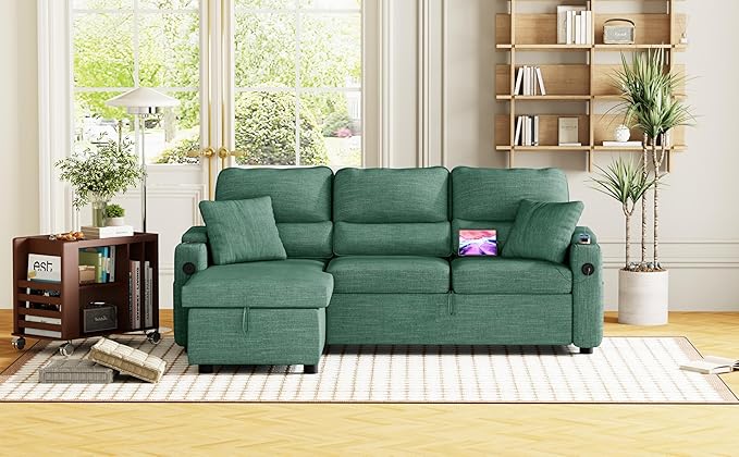 Pull Out Couch L Shaped Convertible Sleeper Sofa Bed with Hidden Storage for Living Room Apartment 3-in-1 Linen Sectional with Side Pocket Charging Station Cup Holder (Green)