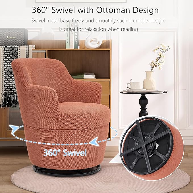 Swivel Accent Chair with Ottoman Fabric Small Barrel Chair with Footstool Modern Round Bedroom Chair for Living Room Orange