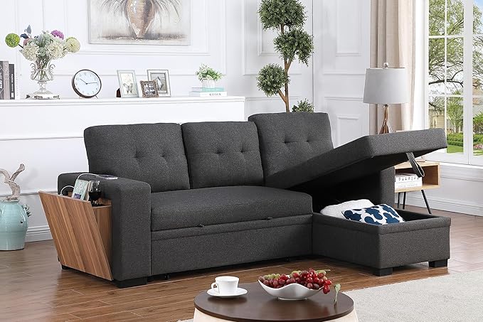 92 3-Piece Upholstered Sectional Sofa with Storage Chaise and Removable Back CushionsPull-Out Loveseat Couch W/A Side Open Cup Holder &amp Black Legfor DormApartmentStudioOfficeDark Gray