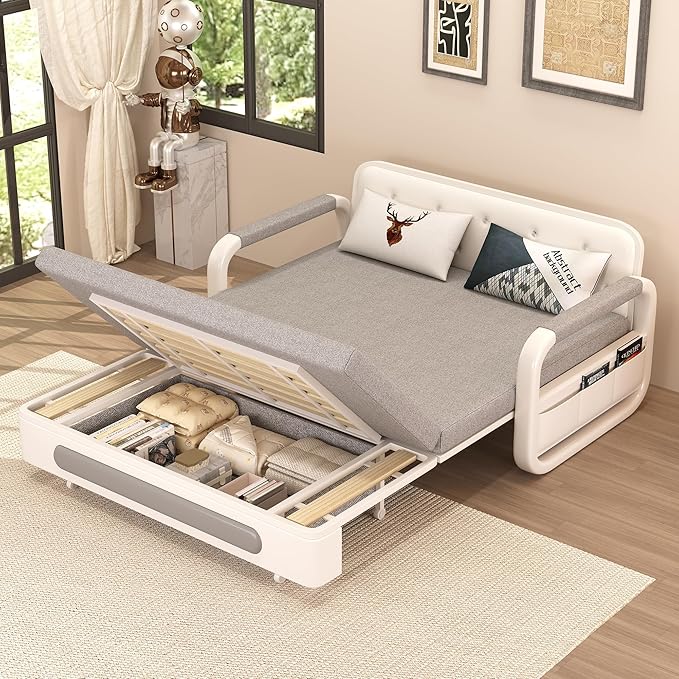 Pull-Out Sofa Daybed with Trundle Convertible Futon Sleeper Couch for Living Room &amp Small Spaces Gray/White (34.6 D x 50.3 W x 34.2 H)