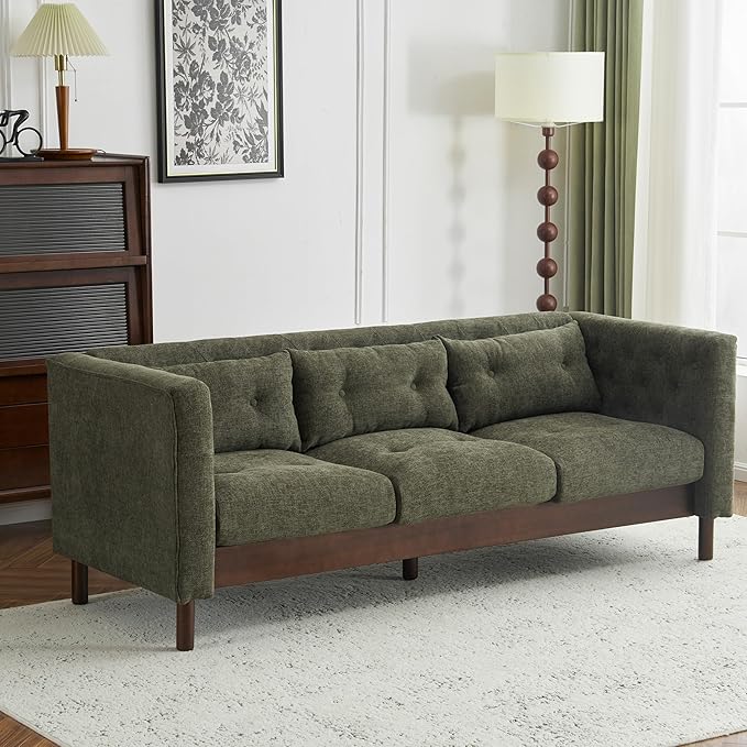 Christopher Knight Home Marloo 3 Seater Sofa Couch Upholstered Couch Linen-Like Tufted Back Sofa with Arm Rest Rubberwood Legs 78 Spacious Seating for Living Room Home Rest Dark Green
