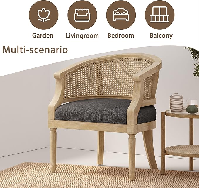 Mid Century Accent Chair Armchair with Curved Backrest and Upholstered Reading Chair with Vintage Rattan Hollow Out for Living Rooms Bedrooms Farmhouses Balconies (Charcoal)