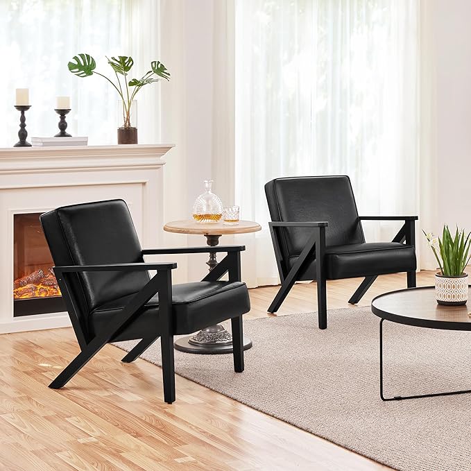 Yaheetech Accent Chair PU Leather Reading Chair Mid Century Modern Arm Chair with Solid Wood Frame for Living Room Bedroom Waiting Room 2 Pieces Black