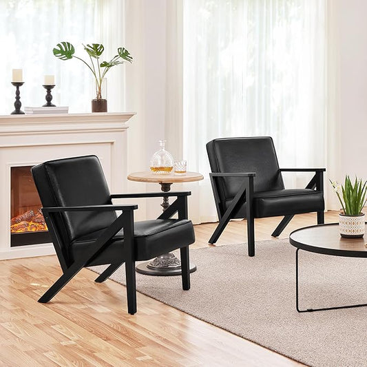 Yaheetech Accent Chair PU Leather Reading Chair Mid Century Modern Arm Chair with Solid Wood Frame for Living Room Bedroom Waiting Room 2 Pieces Black