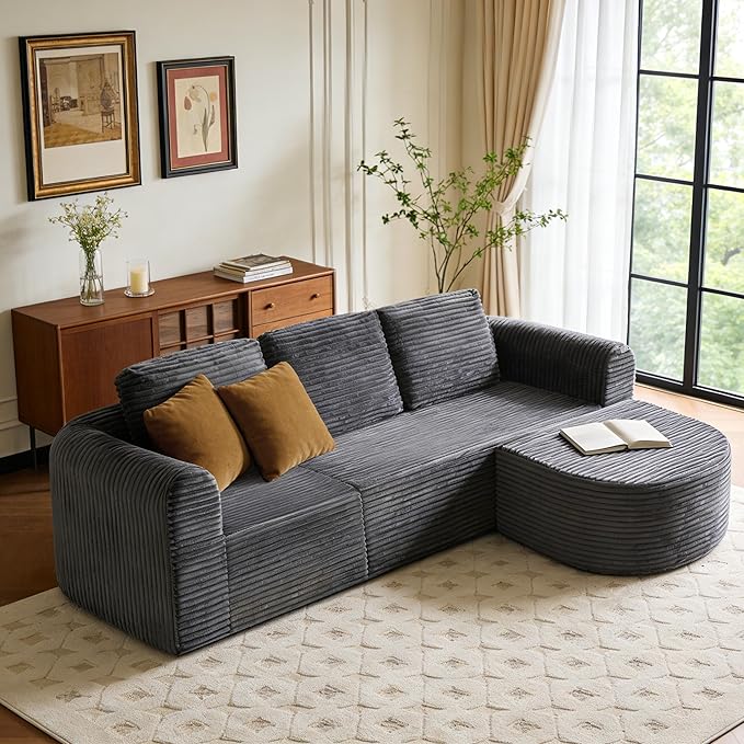 108” Modular Sectional Sofa Boneless Couches for Living Room Deep Seat L-Shape Cloud Couch with Chaise Comfy Sofa Freely Change Configurations No Assembly Required Soft Plush Corduroy Fabric(Grey)