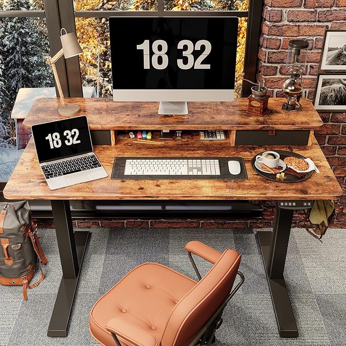FEZIBO 48 x 24 Inch Height Adjustable Electric Standing Desk with Double Drawer Stand Up Table with Storage Shelf Sit Stand Desk Rustic Brown