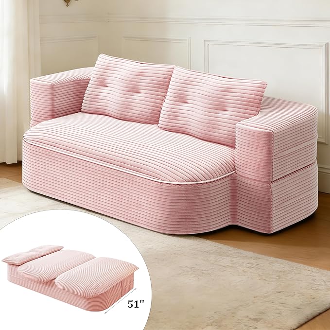 2 in 1 Convertible Compressed Sofa Bed 51.2'' Modern Boneless Loveseat Sleeper in a Box Floor Mattress Futon Couch No Assembly Needed Space Saving Pink 2 Pillows &amp Blanket Full for Home