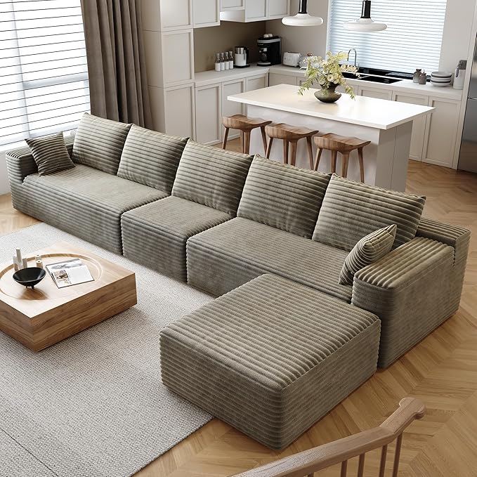 139.4 U Shaped Cloud Sectional Sofa for Living Room Plush Corduroy Cover Fluffy Memory Foam Cushions No Assembly Required Modular Chaise Lounge Oversized Comfortable Couches Set Camel