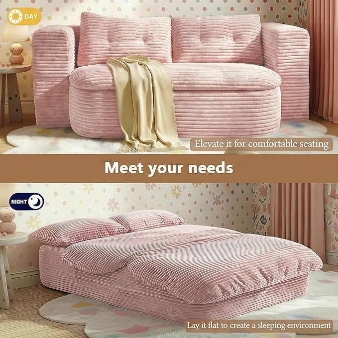 78.7-inch Folding futon Sofa BedConvertible Sleeper Couch BedComfy Memory Sponge Double Sofa Mattress for Living Room(Pink+Blanket) | No Assembly Boneless Skin-Friendly Corduroy breathable mater