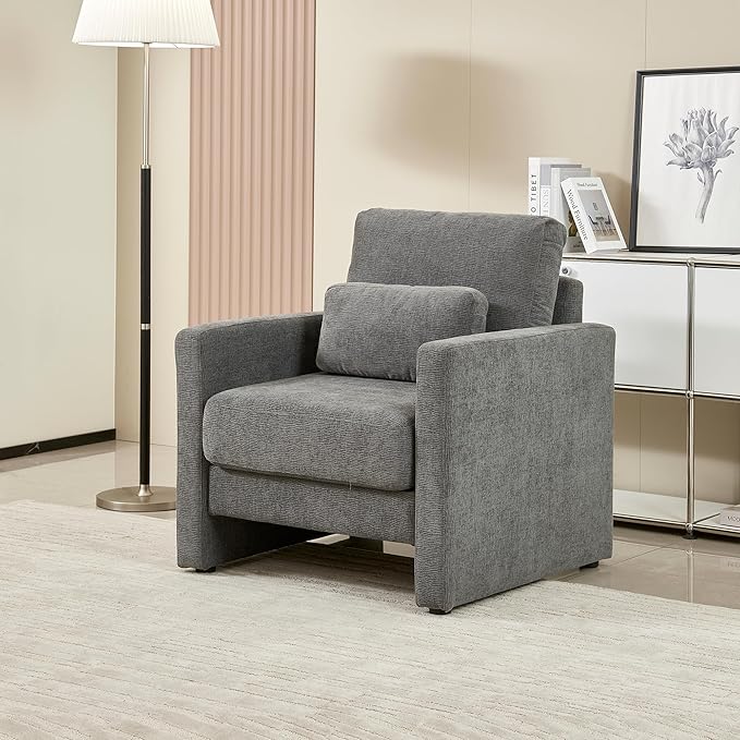 Mid Century Modern Accent Chair Comfy Upholstered Living Room Chair Single Sofa Arm Chair Reading Accent Chair with Lumbar Pillow for Living Room Bedroom Office