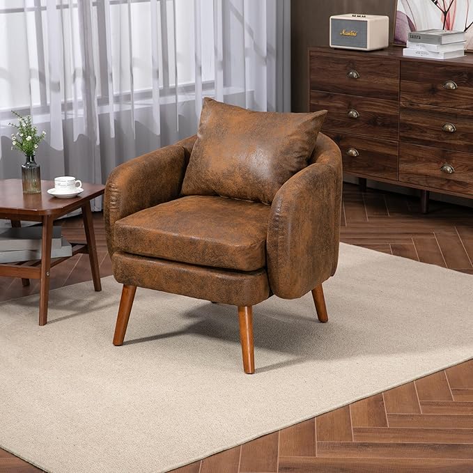Mid Century Lounge Armchair with Boucle Fabric Solid Wood Legs and Comfortable Cushions Ideal for Bedroom and Living Room Reading and Relaxing (Coffee)