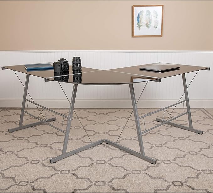 EMMA + OLIVER L-Shaped Computer Corner Glass Desk Gaming Desk Home Office Corner Desk Black