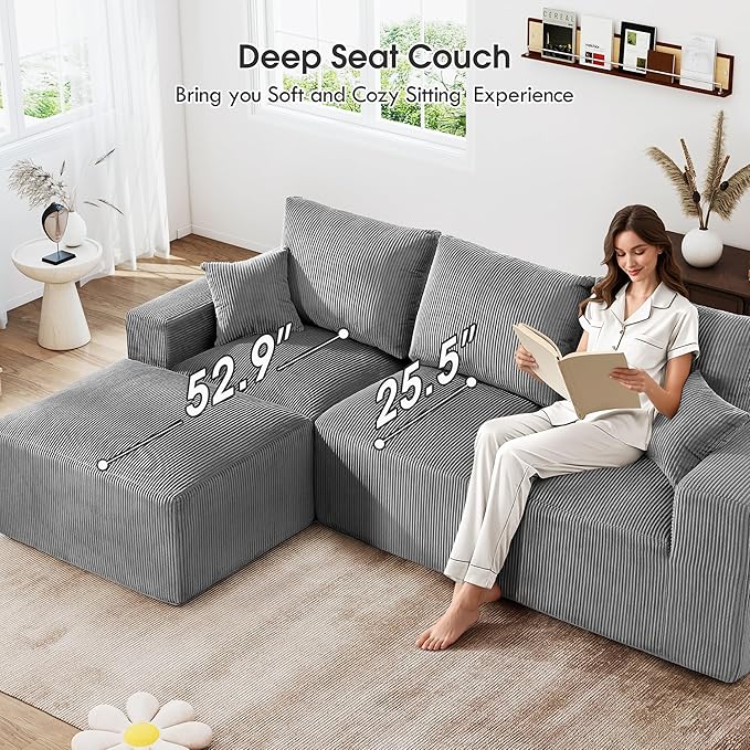 108 Modular Cloud Sectional Sofa 17.8 Comfort Height &amp Neck Pillow Modern Corduroy Couch with L-Shape Oversized Chaise for Living Room Bedroom No Assembly Required (Grey)