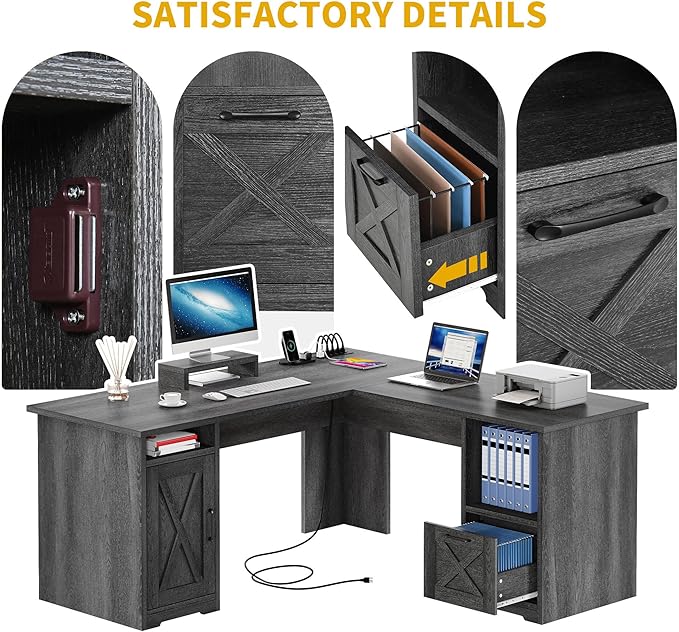 DWVO L Shaped Desk with File Drawer 60 Corner Computer Desk with Power Outlets Home Office Desk with Monitor Stand &amp Storage Shelves &amp File Cabinet Grey