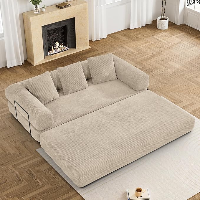 Convertible Sofa Bed Corduroy Memory Foam Compression Sofa Modular Floor Sofa with Pull-Out Bed Compressed Couch in Box Folding Sleeper Couches Bed for Living Room Bedroom Lounge Light Brown