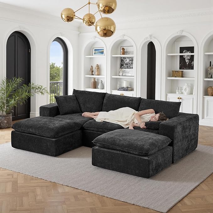 110 Sectional Couches for Living Room Boneless Couch Upholstered Cloud Couch Sectional Modular Sectional Sofa with L Shaped (Chenille-Black 3 Seat+2 Ottoman)
