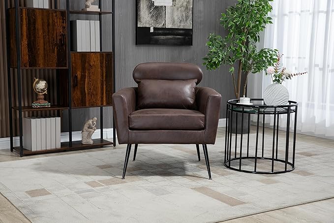 29.5W Classical Accent Chair Armchair Upholstered Reading Chair Single Sofa Leisure Club Chair with Black Metal Leg and Throw Pillow for Living Room Bedroom Dorm Room OfficeDark Brown Bronzing Suede