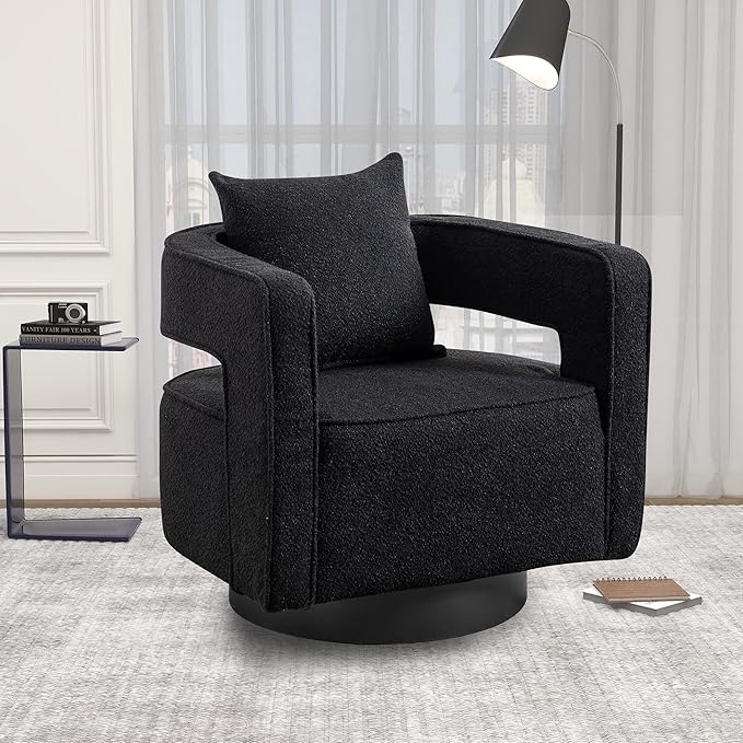 Mid Century Modern Boucle Swivel Accent Chair 2 Pack Comfy Open Back Sofa Chair with Black Wood Base for Nursery Bedroom Living Room Club Swivel Lounge Chairs (2pcs Chair Black)