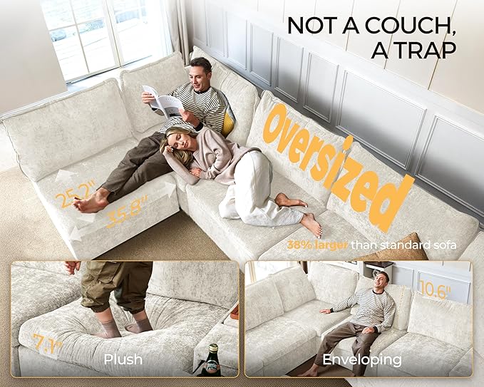 Corner Seat Module for Olar Oversized Modular Sectional Sofa Extra Deep and Wide Cloud Couch Cushion Covers Removable Freely Combined with Other Modules by U-connectors Chenille White